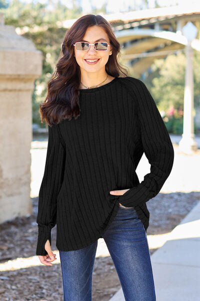 Ribbed Round Neck Long Sleeve Knit Top - Black / S - Tops - Shirts & Tops - 13 - 2024