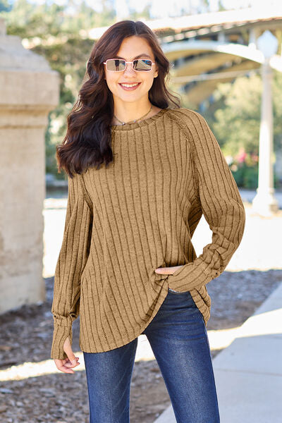 Ribbed Round Neck Long Sleeve Knit Top - Tops - Shirts & Tops - 5 - 2024