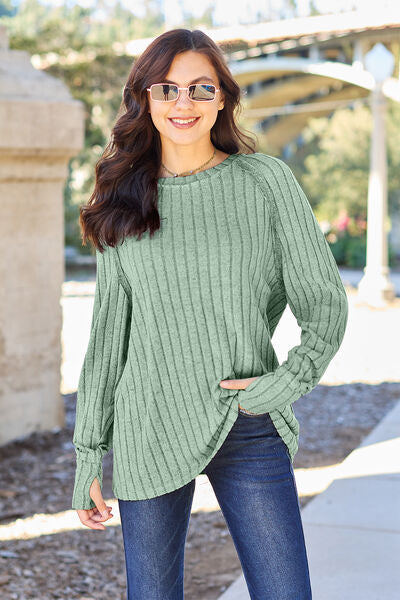 Ribbed Round Neck Long Sleeve Knit Top - Light Green / S - Tops - Shirts & Tops - 7 - 2024