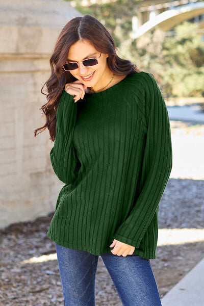 Ribbed Round Neck Long Sleeve Knit Top - Green / S - Tops - Shirts & Tops - 7 - 2024