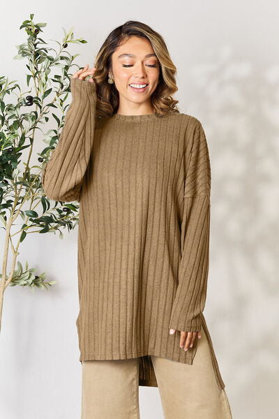 Ribbed Round Neck Long Sleeve Slit Top - Tops - Shirts & Tops - 1 - 2024