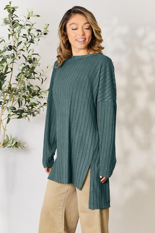 Ribbed Round Neck Long Sleeve Slit Top - Tops - Shirts & Tops - 13 - 2024