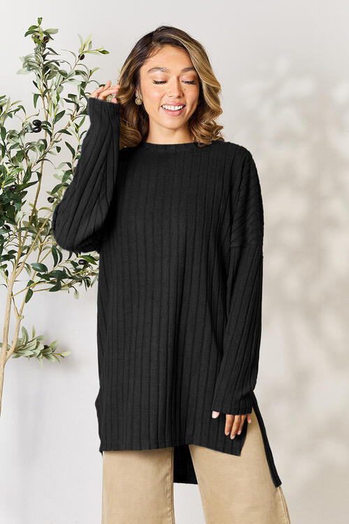 Ribbed Round Neck Long Sleeve Slit Top - Tops - Shirts & Tops - 18 - 2024