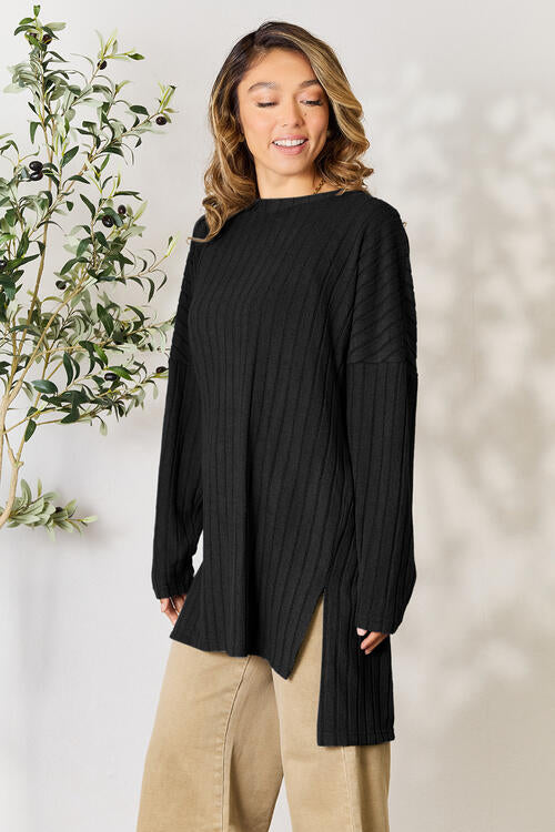 Ribbed Round Neck Long Sleeve Slit Top - Tops - Shirts & Tops - 19 - 2024