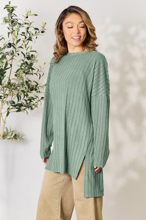 Ribbed Round Neck Long Sleeve Slit Top - Tops - Shirts & Tops - 25 - 2024