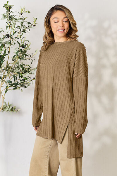 Ribbed Round Neck Long Sleeve Slit Top - Tops - Shirts & Tops - 30 - 2024