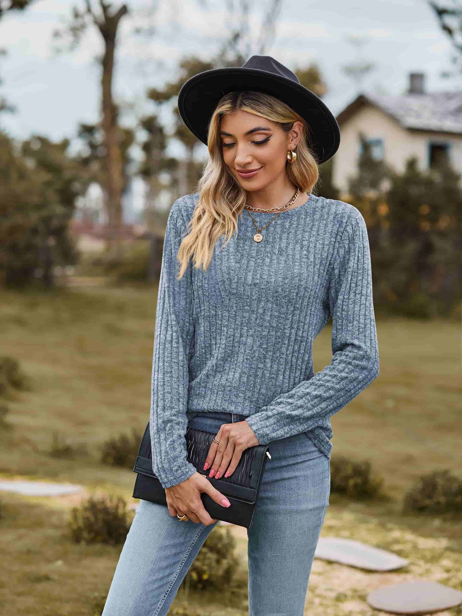 Ribbed Round Neck Long Sleeve Tee - T-Shirts - Shirts & Tops - 11 - 2024