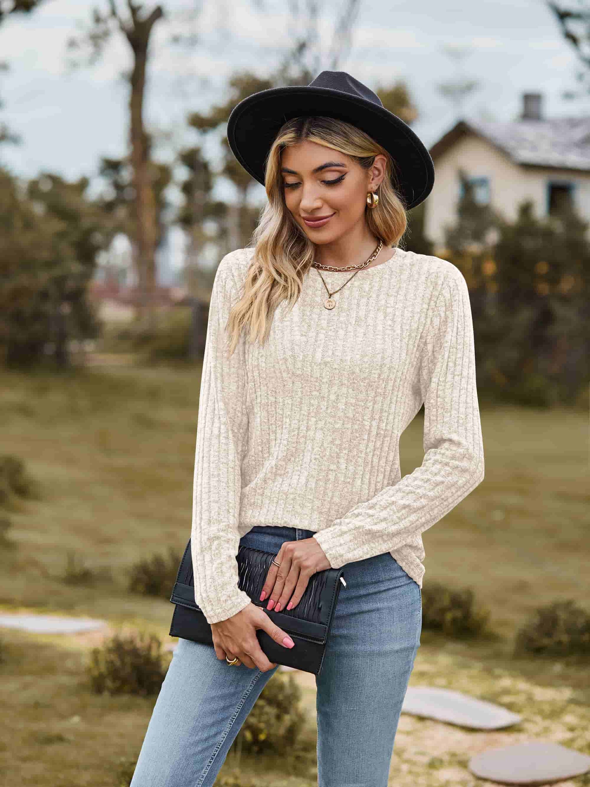 Ribbed Round Neck Long Sleeve Tee - T-Shirts - Shirts & Tops - 15 - 2024