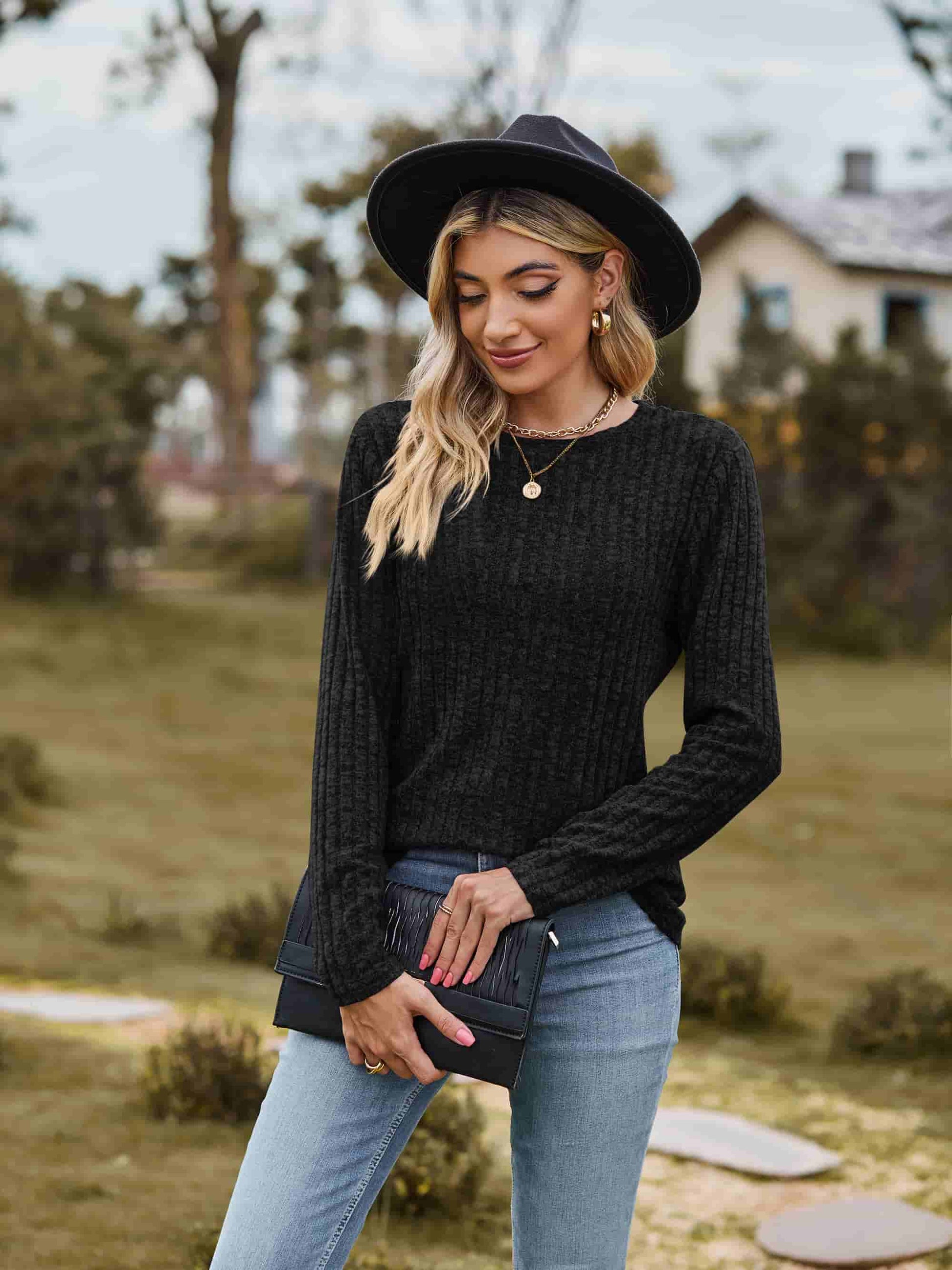 Ribbed Round Neck Long Sleeve Tee - T-Shirts - Shirts & Tops - 19 - 2024