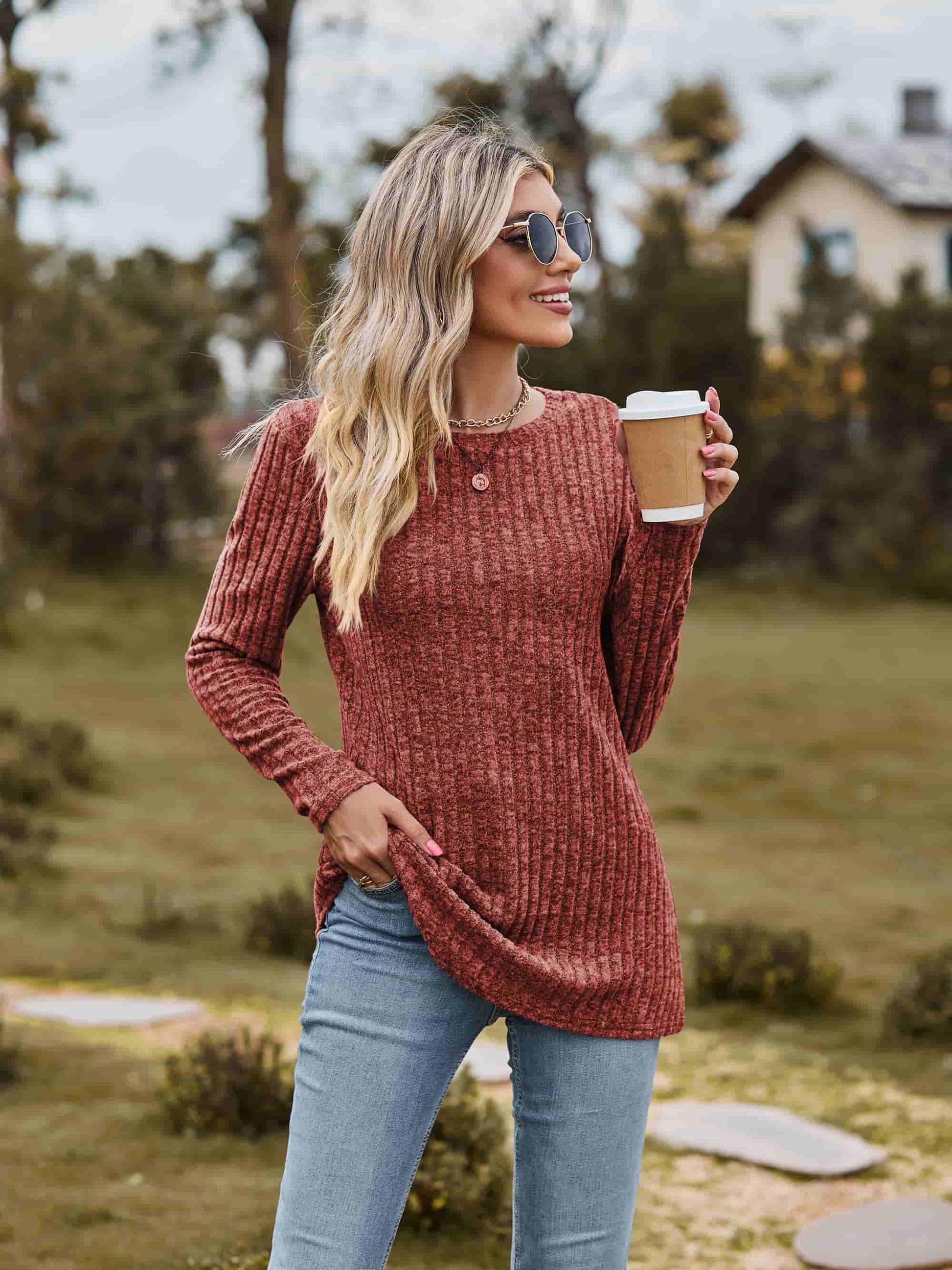 Ribbed Round Neck Long Sleeve Tee - T-Shirts - Shirts & Tops - 2 - 2024