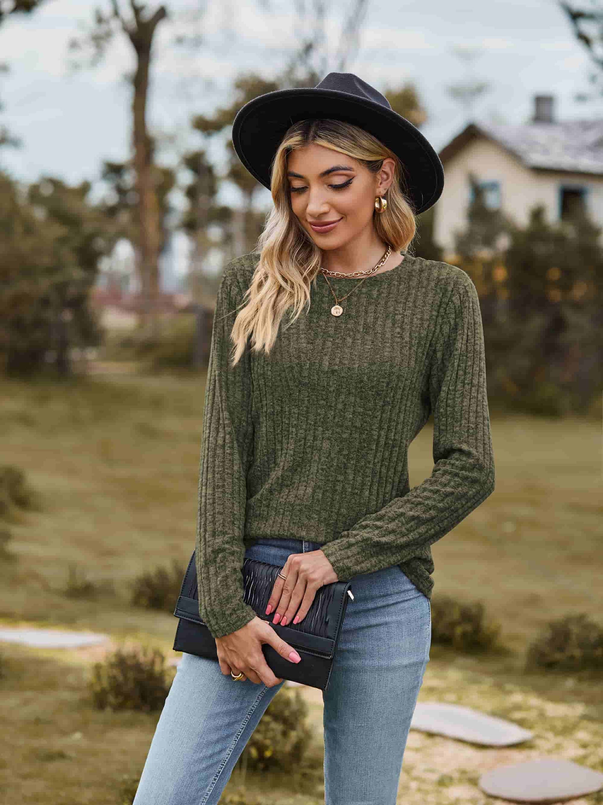 Ribbed Round Neck Long Sleeve Tee - T-Shirts - Shirts & Tops - 23 - 2024