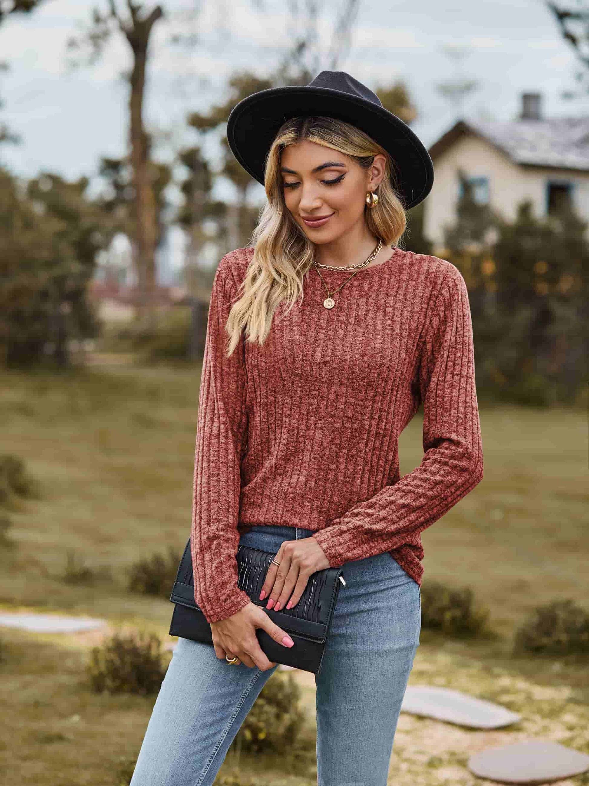 Ribbed Round Neck Long Sleeve Tee - T-Shirts - Shirts & Tops - 3 - 2024