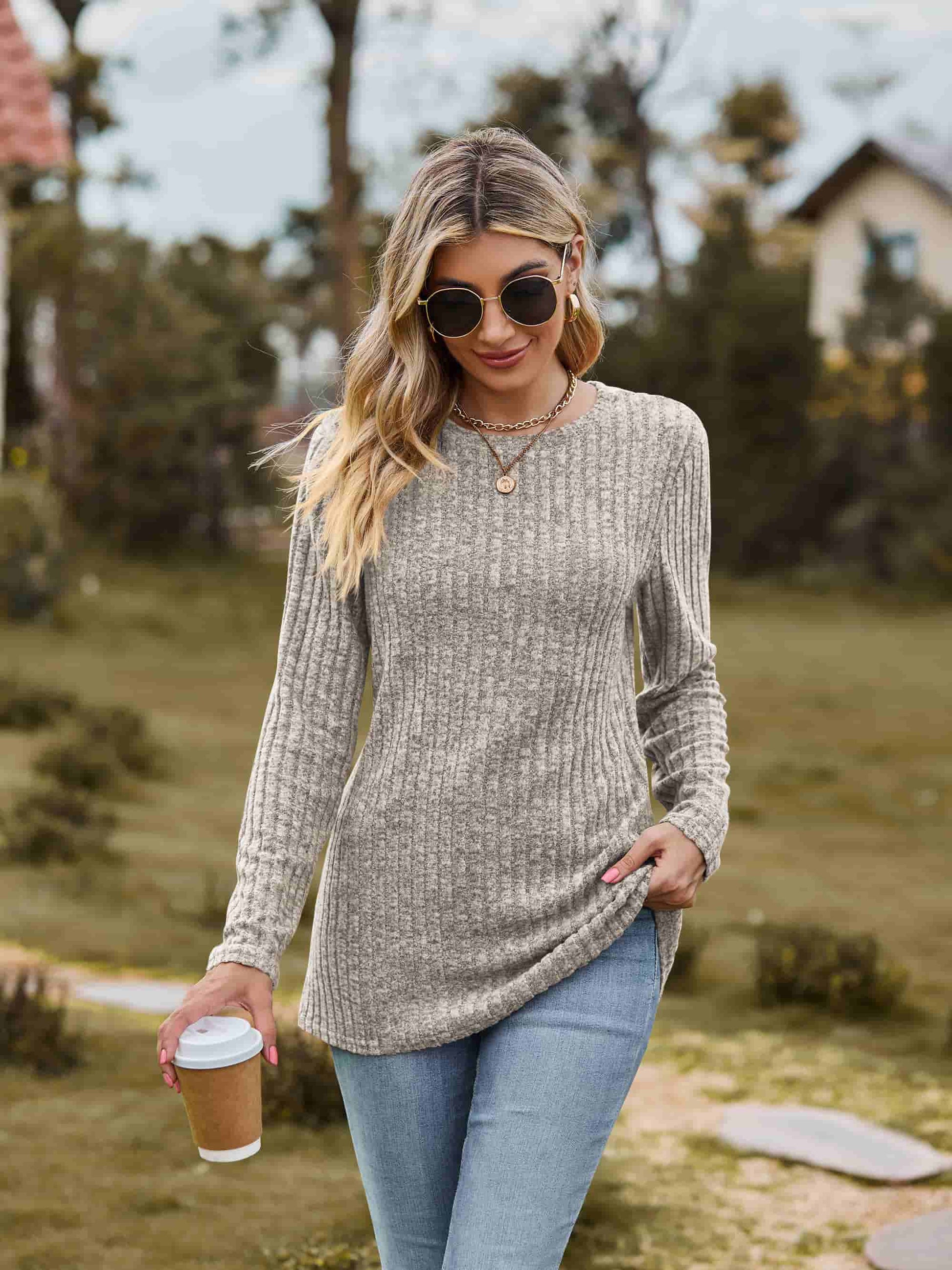 Ribbed Round Neck Long Sleeve Tee - Gray / S - T-Shirts - Shirts & Tops - 5 - 2024