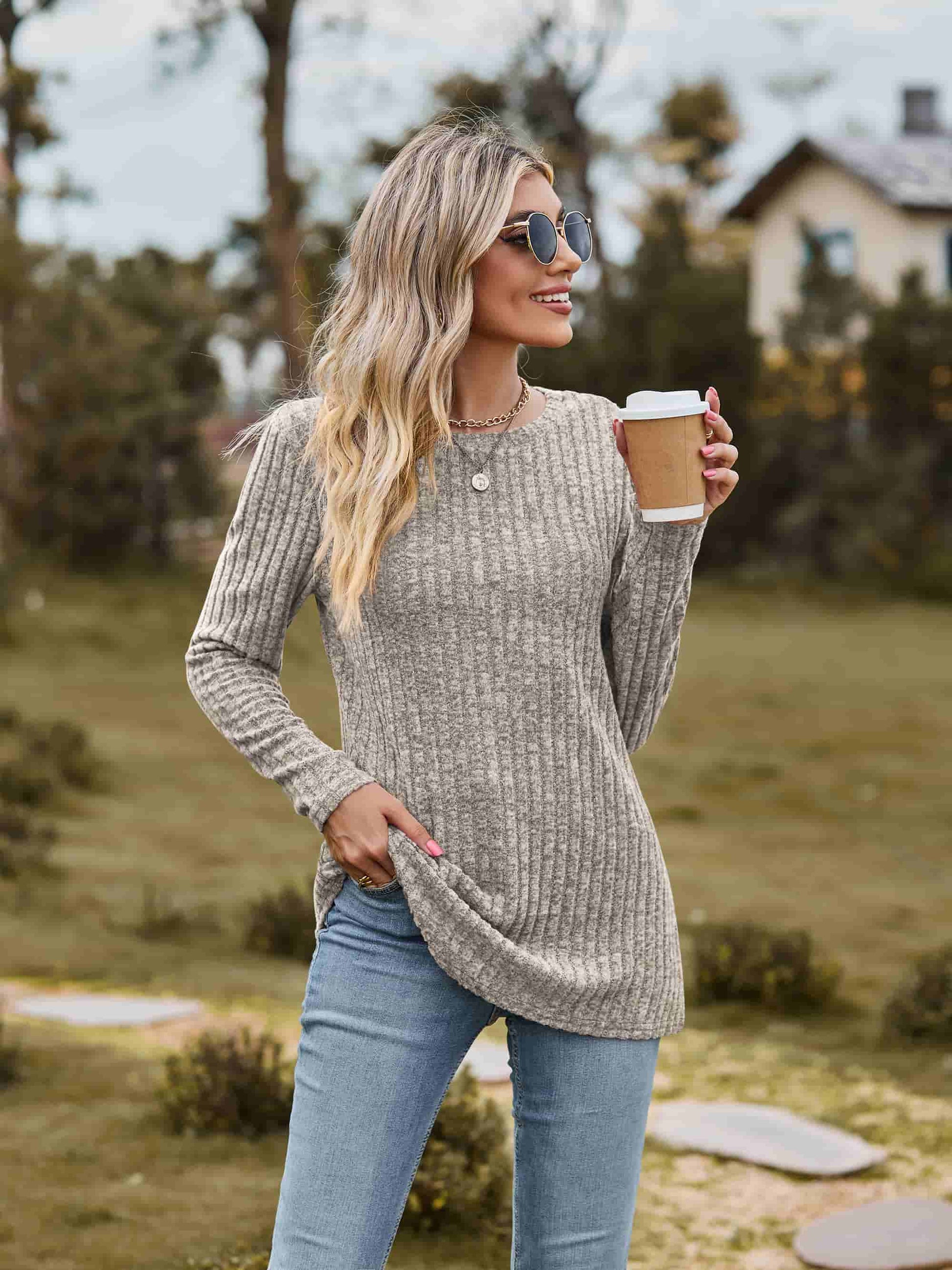 Ribbed Round Neck Long Sleeve Tee - T-Shirts - Shirts & Tops - 6 - 2024