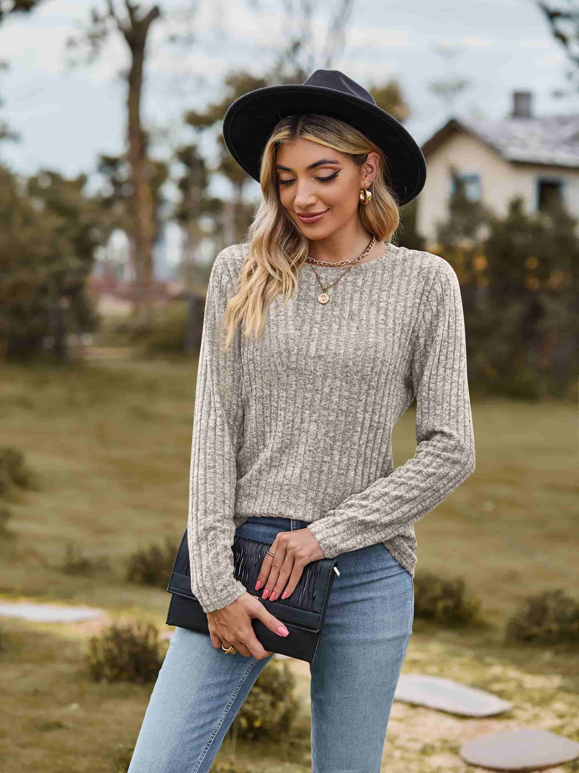 Ribbed Round Neck Long Sleeve Tee - T-Shirts - Shirts & Tops - 7 - 2024