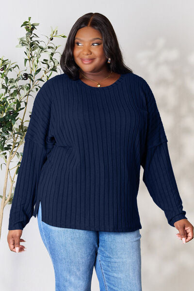 Ribbed Round Neck Slit Knit Top - Navy / S - Tops - Shirts & Tops - 15 - 2024