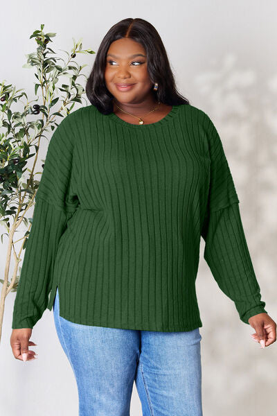 Ribbed Round Neck Slit Knit Top - Green / S - Tops - Shirts & Tops - 29 - 2024