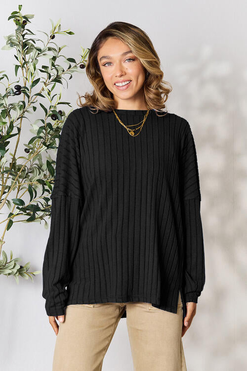 Ribbed Round Neck Slit Knit Top - Tops - Shirts & Tops - 7 - 2024