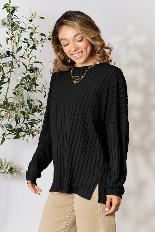 Ribbed Round Neck Slit Knit Top - Tops - Shirts & Tops - 8 - 2024