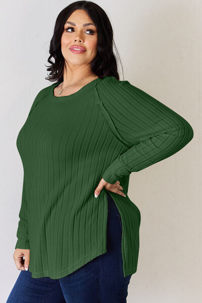 Ribbed Round Neck Slit T-Shirt - T-Shirts - Shirts & Tops - 13 - 2024