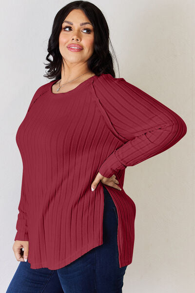 Ribbed Round Neck Slit T-Shirt - T-Shirts - Shirts & Tops - 20 - 2024