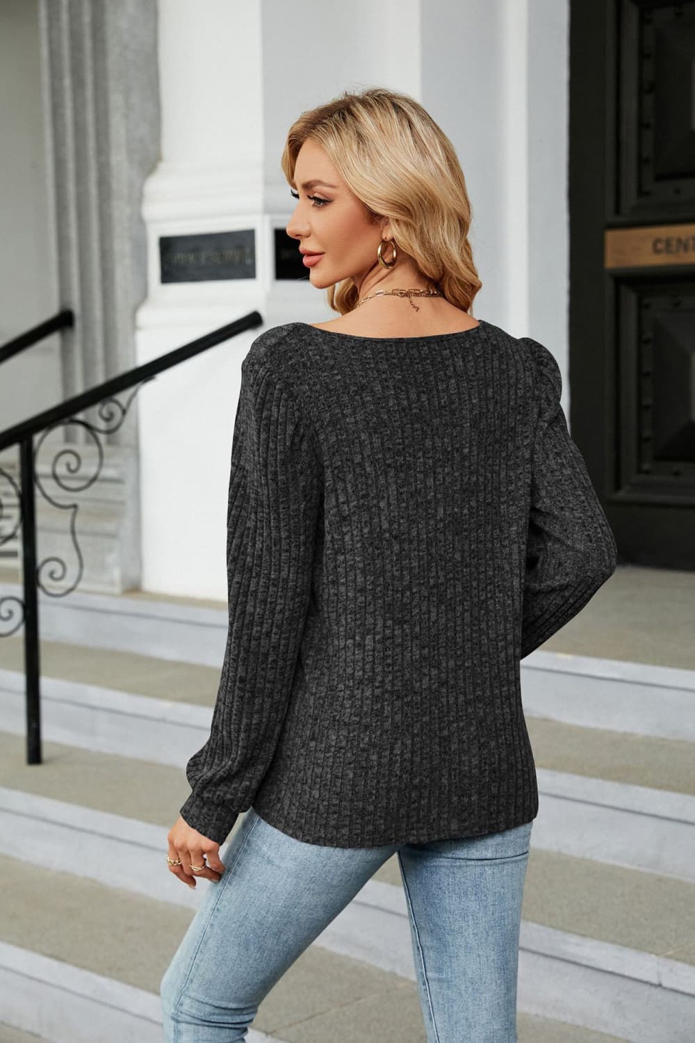 Ribbed Square Neck Long Sleeve T-Shirt - T-Shirts - Shirts & Tops - 15 - 2024