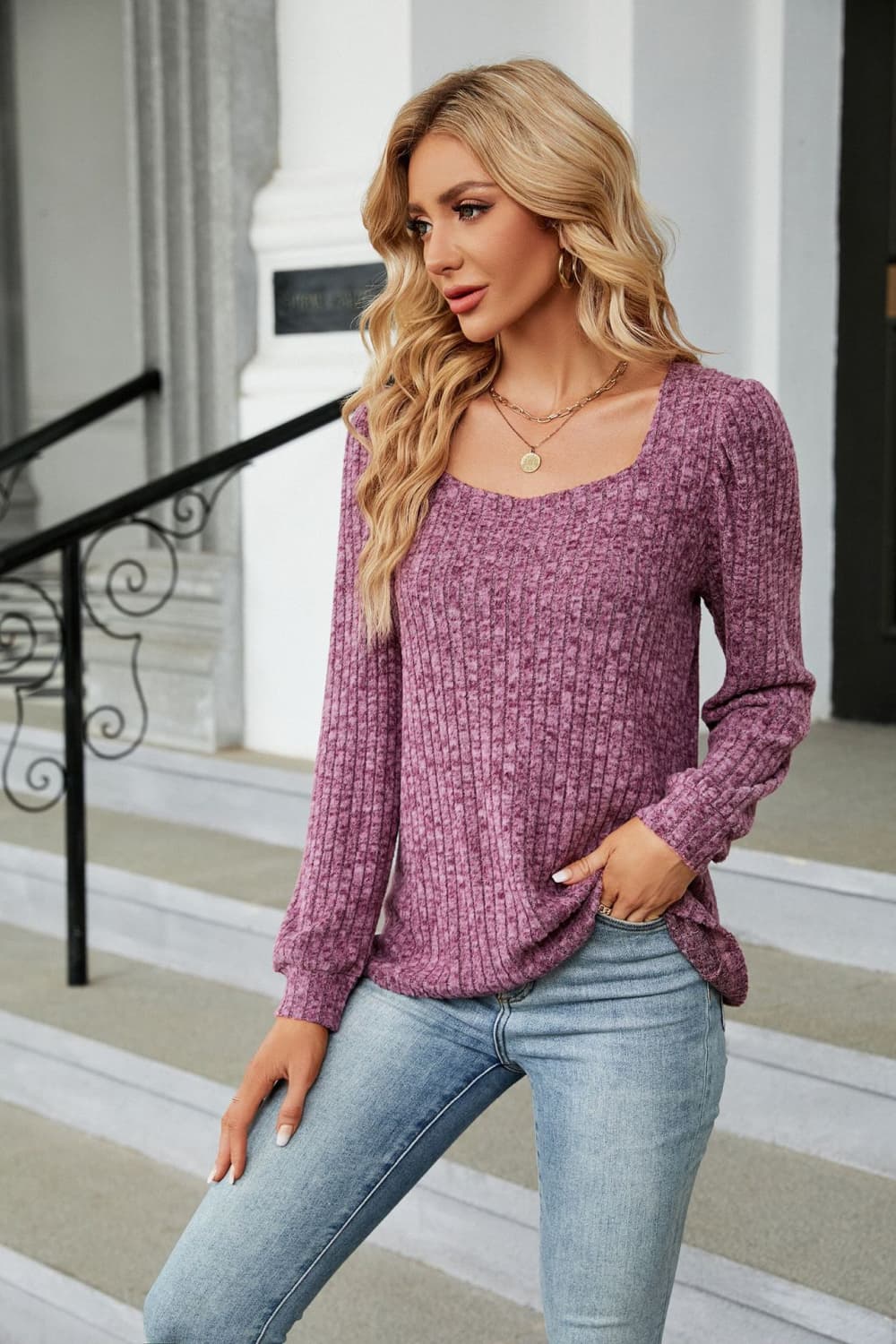 Ribbed Square Neck Long Sleeve T-Shirt - T-Shirts - Shirts & Tops - 5 - 2024