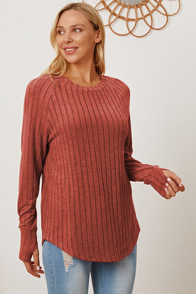 Ribbed Thumbhole Sleeve T-Shirt - Brick Red / S - T-Shirts - Shirts & Tops - 17 - 2024