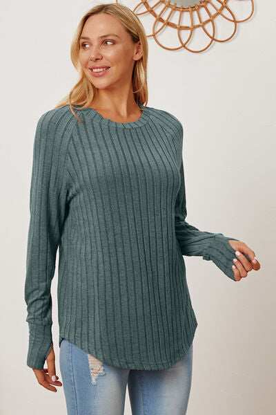 Ribbed Thumbhole Sleeve T-Shirt - Teal / S - T-Shirts - Shirts & Tops - 23 - 2024