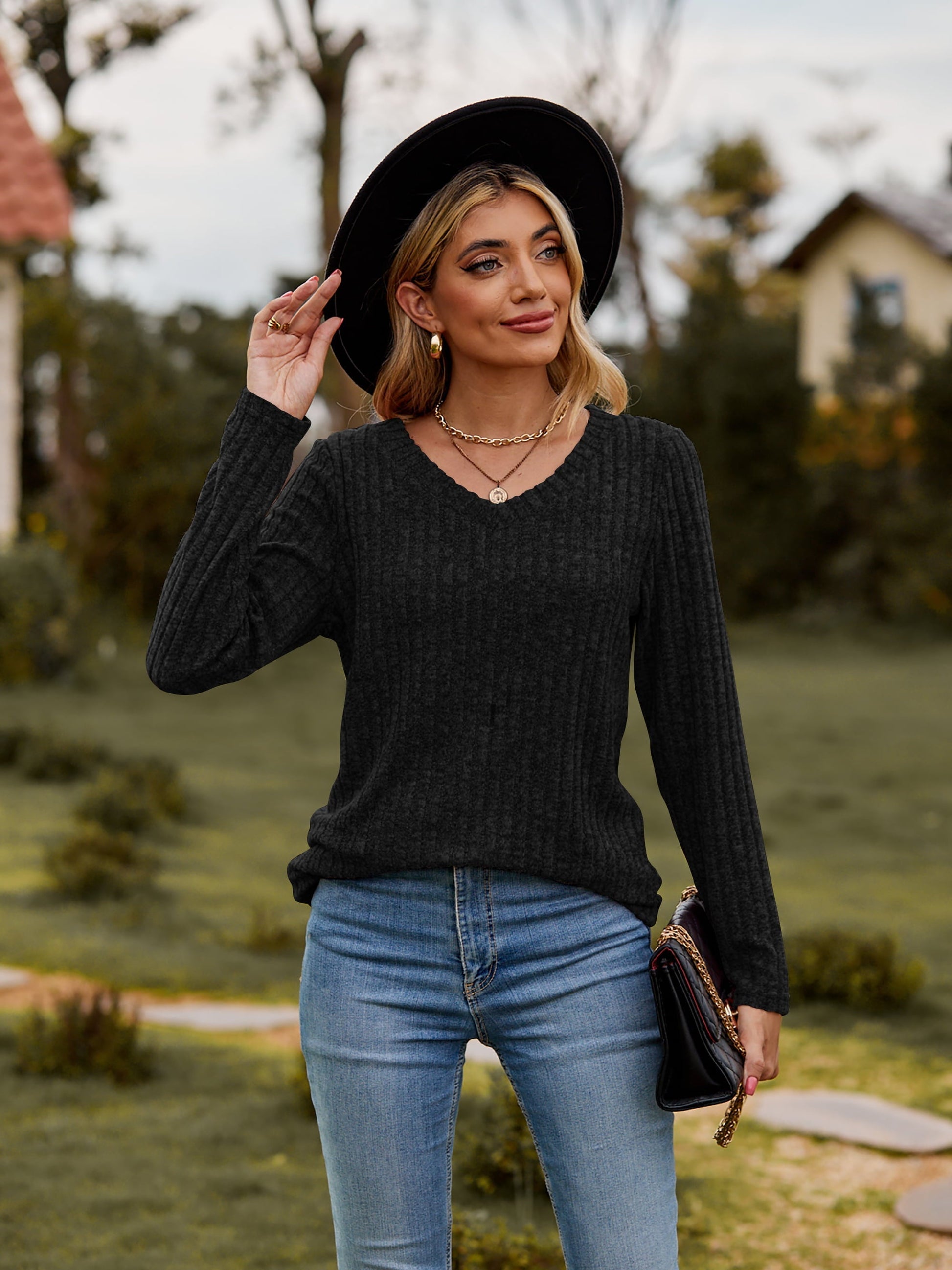 Ribbed V-Neck Long Sleeve Tee - T-Shirts - Shirts & Tops - 19 - 2024