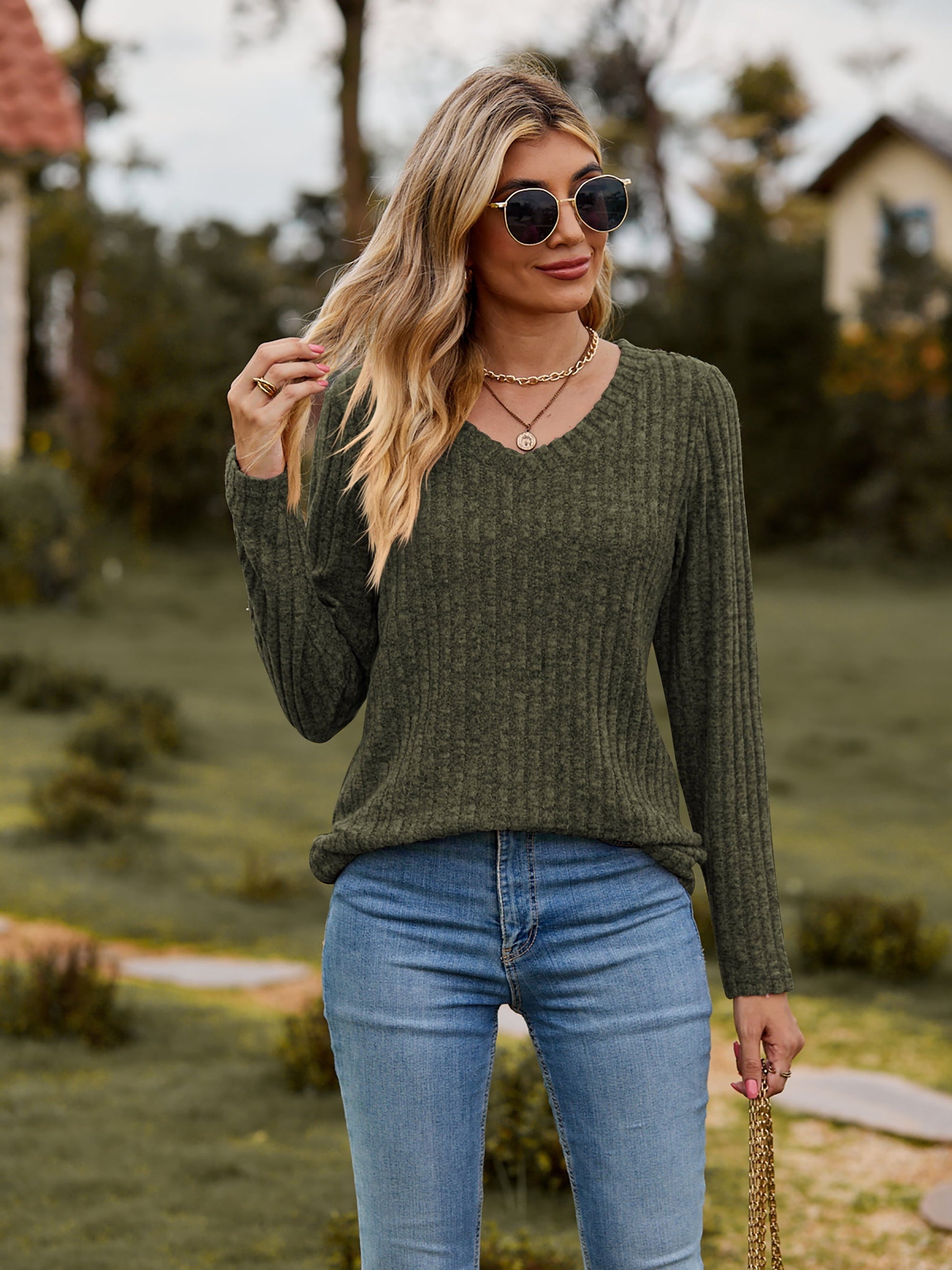 Ribbed V-Neck Long Sleeve Tee - T-Shirts - Shirts & Tops - 22 - 2024