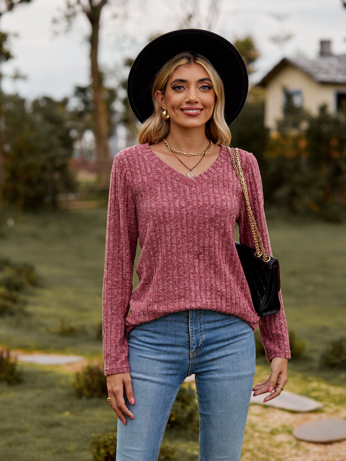 Ribbed V-Neck Long Sleeve Tee - Dark Pink / S - T-Shirts - Shirts & Tops - 13 - 2024