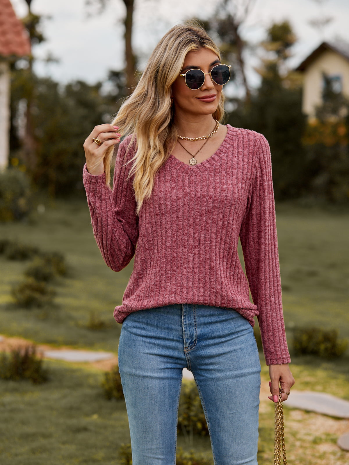 Ribbed V-Neck Long Sleeve Tee - T-Shirts - Shirts & Tops - 14 - 2024