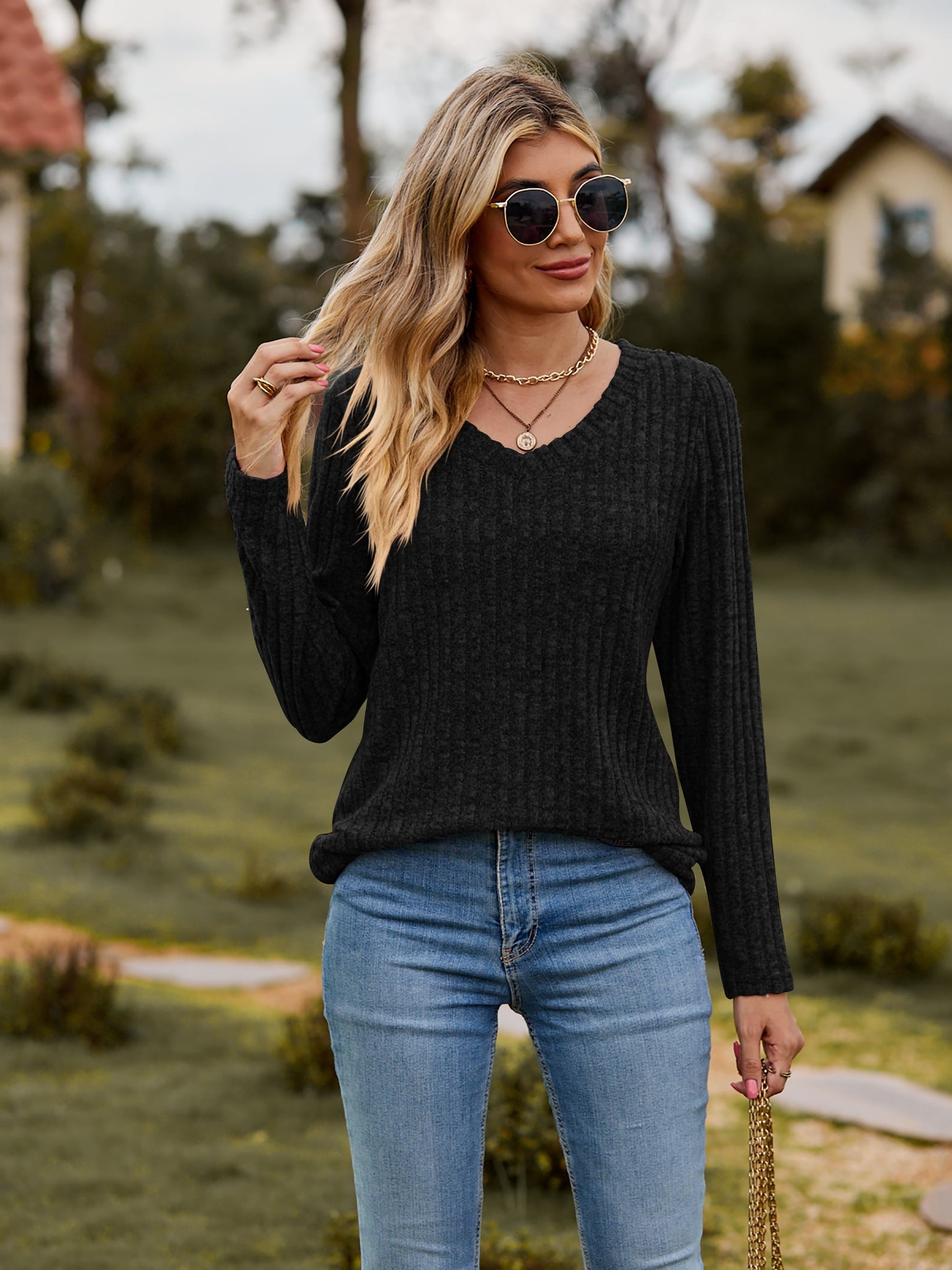 Ribbed V-Neck Long Sleeve Tee - T-Shirts - Shirts & Tops - 18 - 2024