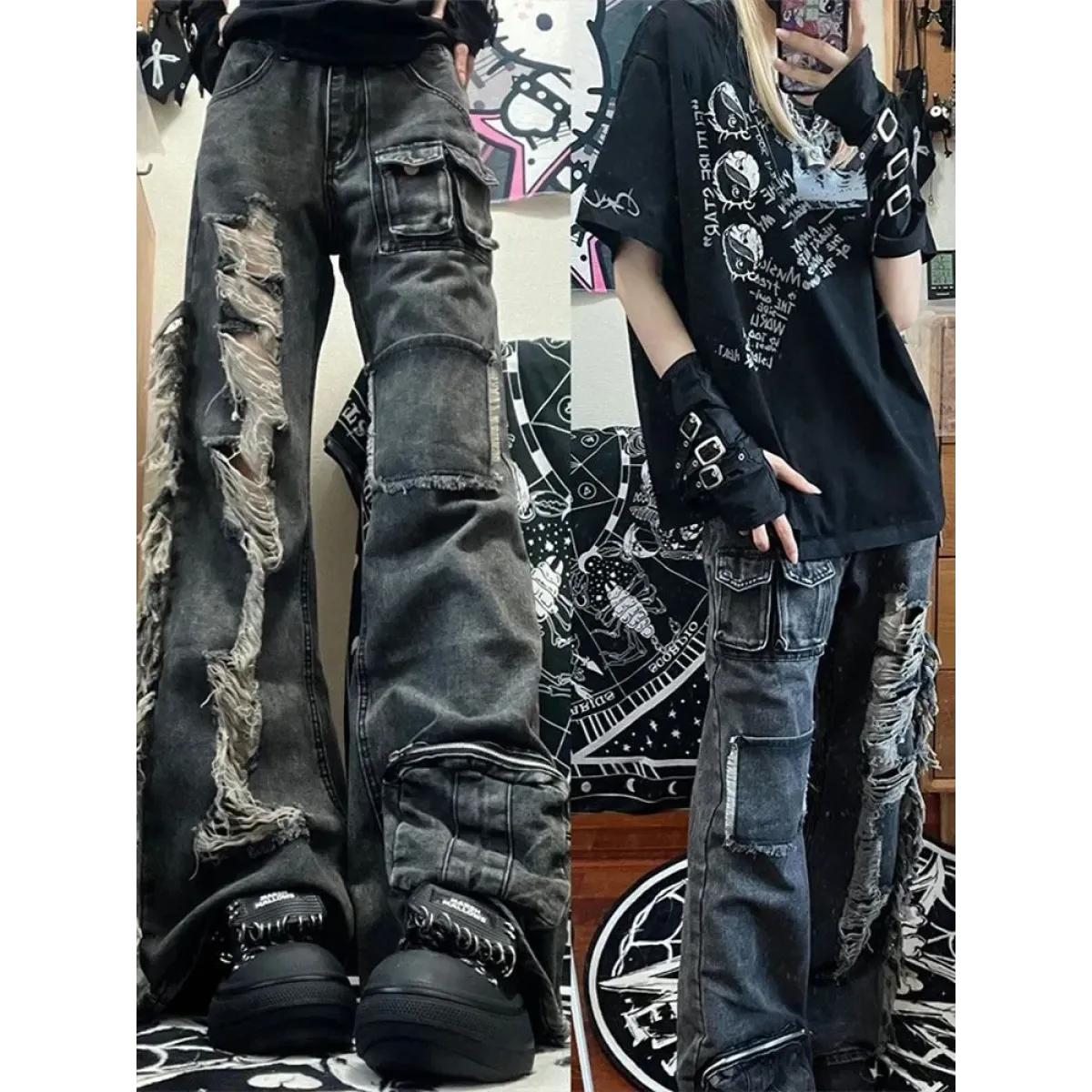 Ripped Cargo Jeans – Y2K E-Girl High Waist Streetwear Denim - Bottoms - Women’s Pants - 1