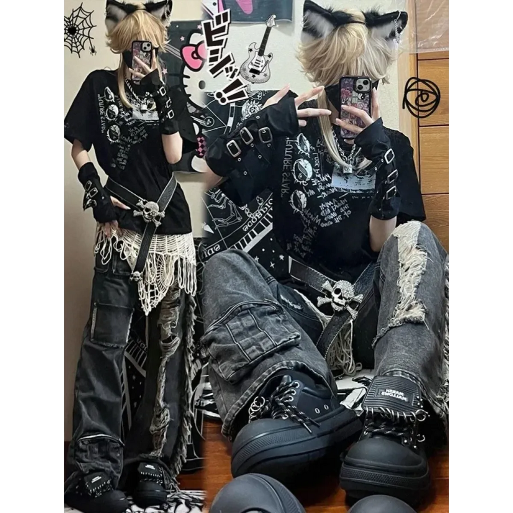 Ripped Cargo Jeans – Y2K E-Girl High Waist Streetwear Denim - Bottoms - Women’s Pants - 2