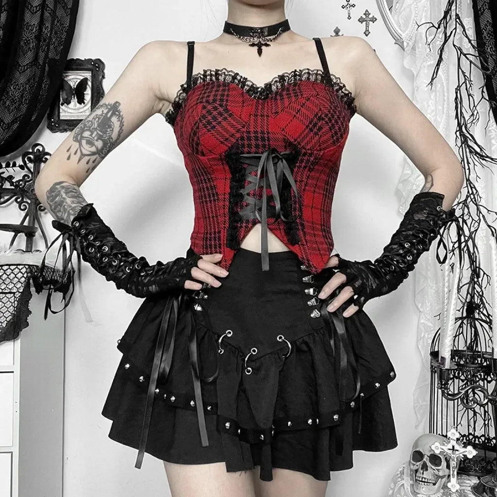 Rivet Bandage Mini Skirt – Y2K Grunge Gothic Punk Style - Bottoms - Skirts - 3
