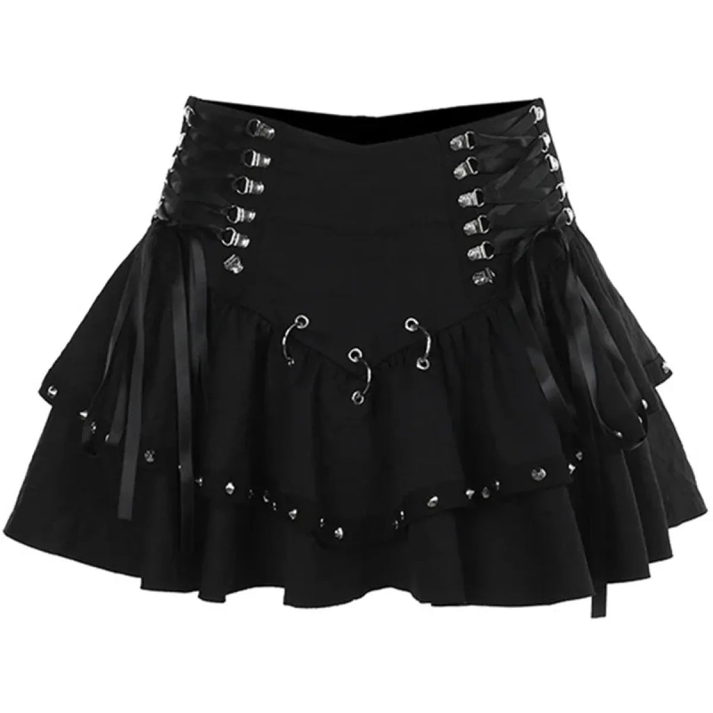 Rivet Bandage Mini Skirt – Y2K Grunge Gothic Punk Style - Bottoms - Skirts - 7