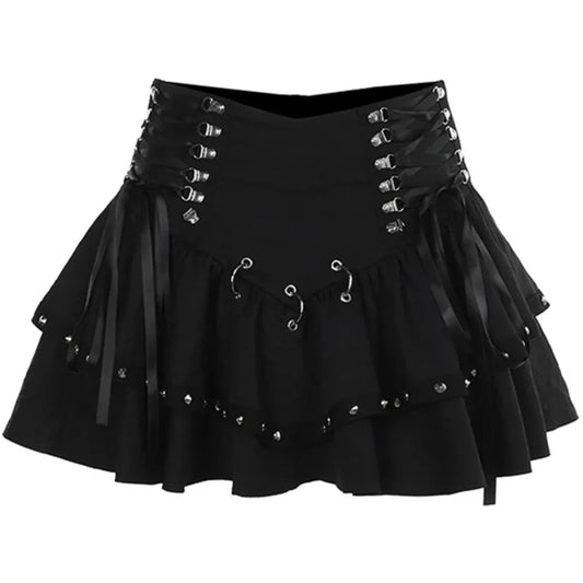 Rivet Bandage Mini Skirt – Y2K Grunge Gothic Punk Style - Bottoms - Skirts - 7
