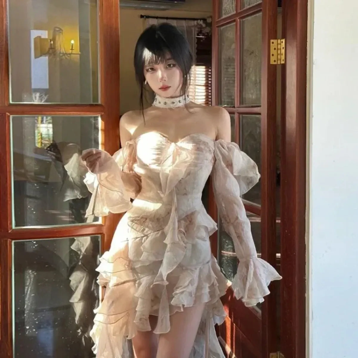 Rose Print Strapless Ruffle Hi-Low Dress - All Dresses - Dress - 2