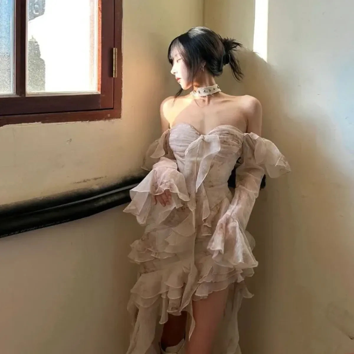 Rose Print Strapless Ruffle Hi-Low Dress - All Dresses - Dress - 3