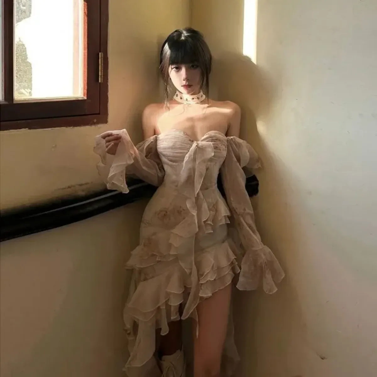 Rose Print Strapless Ruffle Hi-Low Dress - All Dresses - Dress - 4