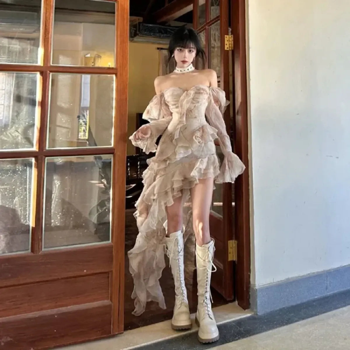 Rose Print Strapless Ruffle Hi-Low Dress - All Dresses - Dress - 5