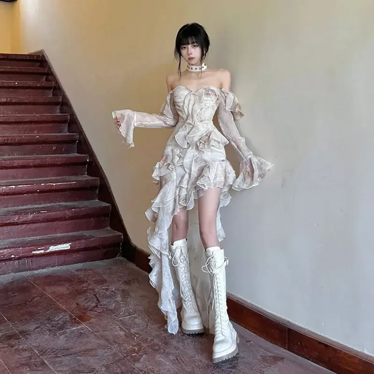 Rose Print Strapless Ruffle Hi-Low Dress - All Dresses - Dress - 6