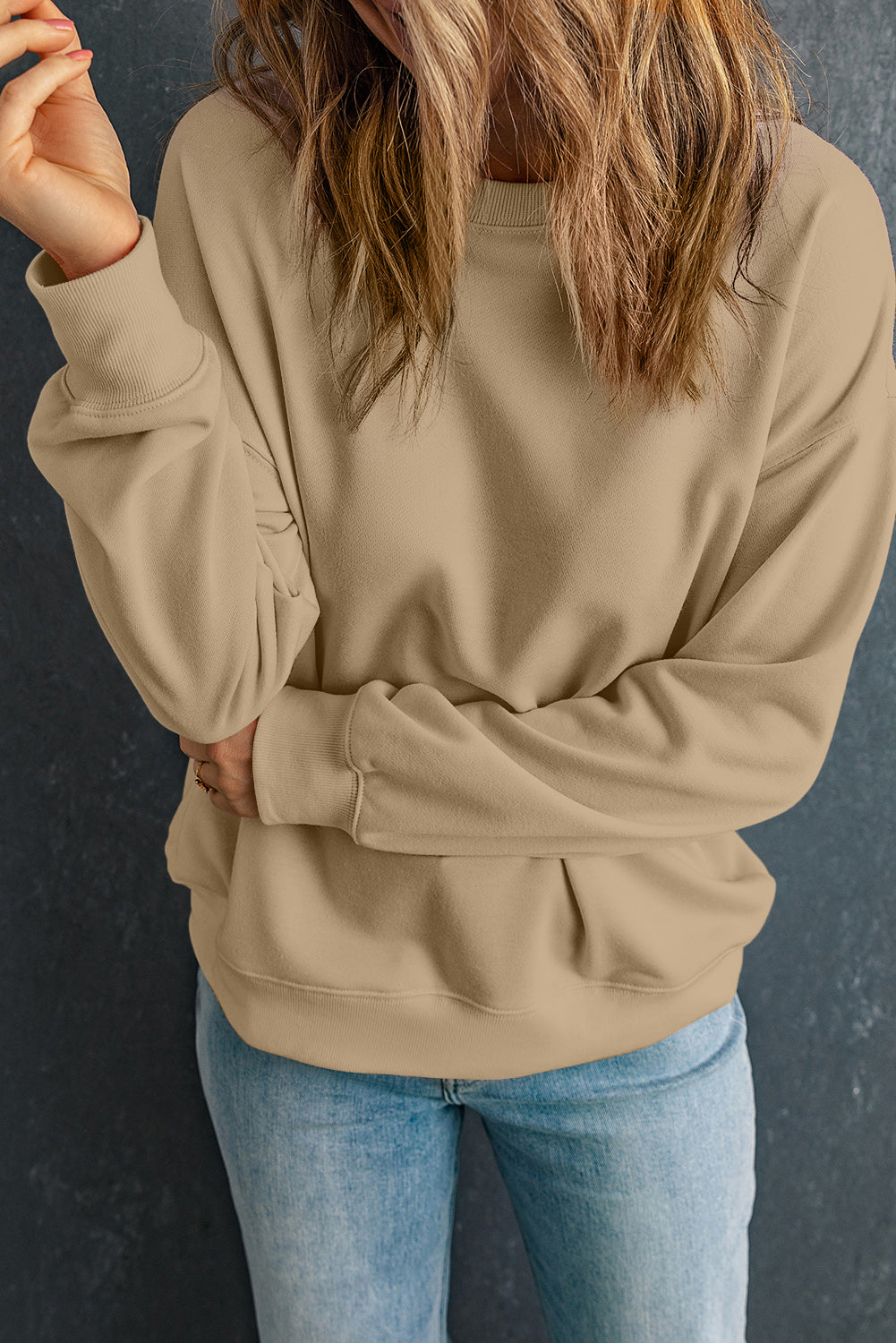 Round Neck Dropped Shoulder Sweatshirt - Khaki / XL - T-Shirts - Shirts & Tops - 15 - 2024