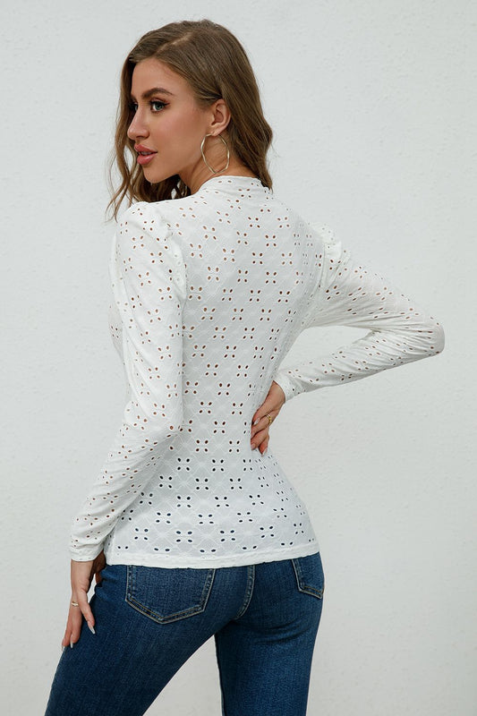 Round Neck Eyelet Long Sleeve Blouse - Women’s Clothing & Accessories - Shirts & Tops - 2 - 2024