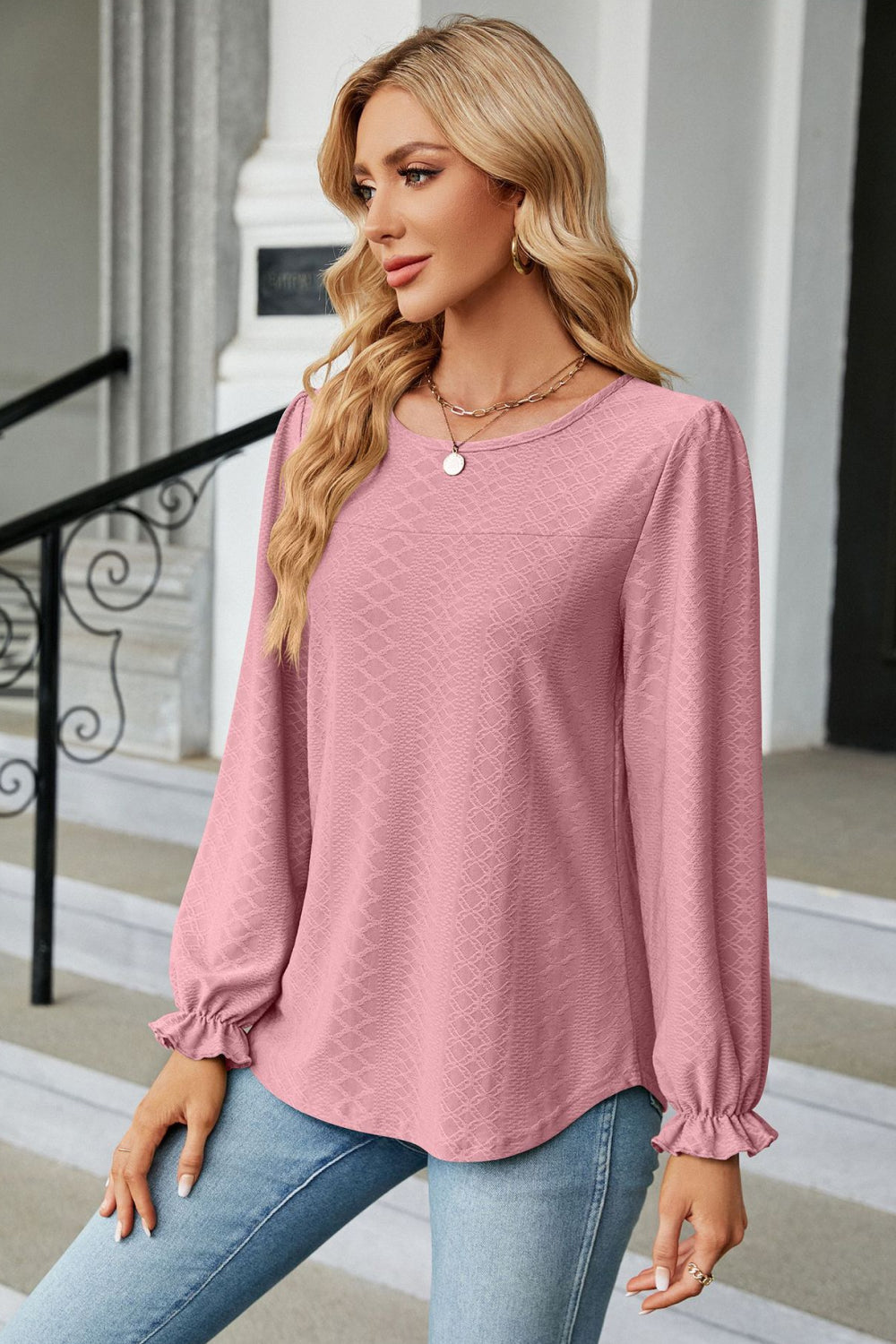 Round Neck Flounce Sleeve Blouse - Women’s Clothing & Accessories - Shirts & Tops - 3 - 2024