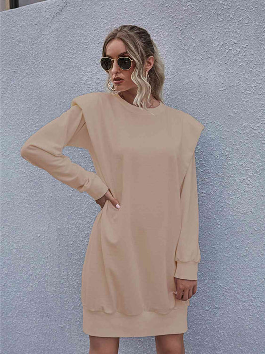 Round Neck Long Sleeve Mini Dress - Tan / S - All Dresses - Dresses - 1 - 2024