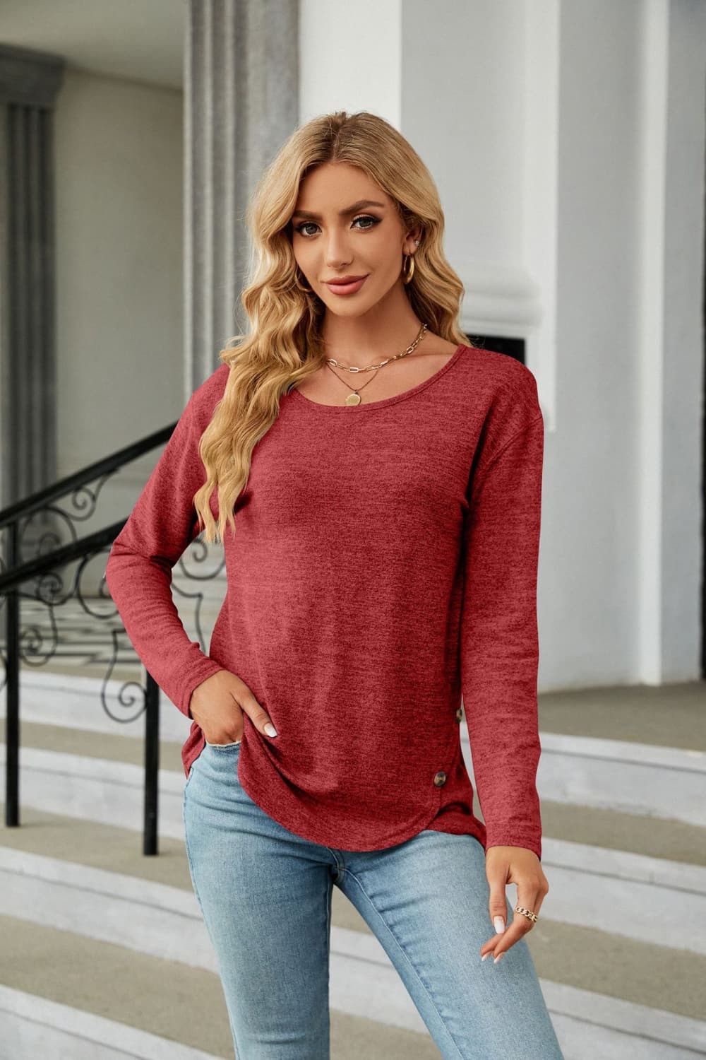 Round Neck Long Sleeve T-Shirt - Red / S - T-Shirts - Shirts & Tops - 13 - 2024