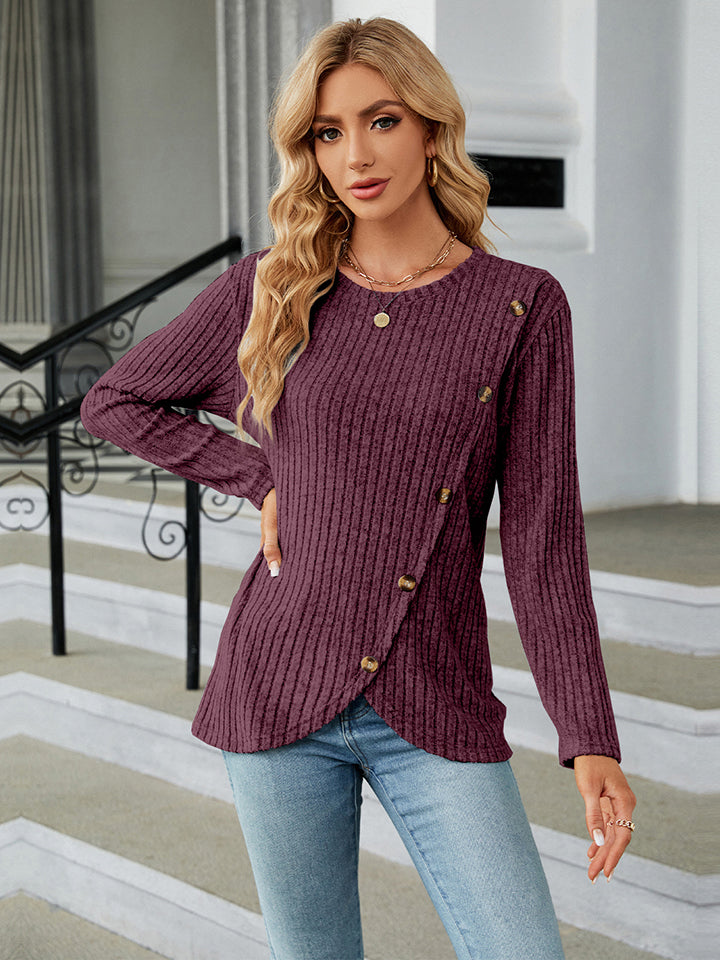 Round Neck Ribbed Button Detail Blouse - Women’s Clothing & Accessories - Shirts & Tops - 3 - 2024